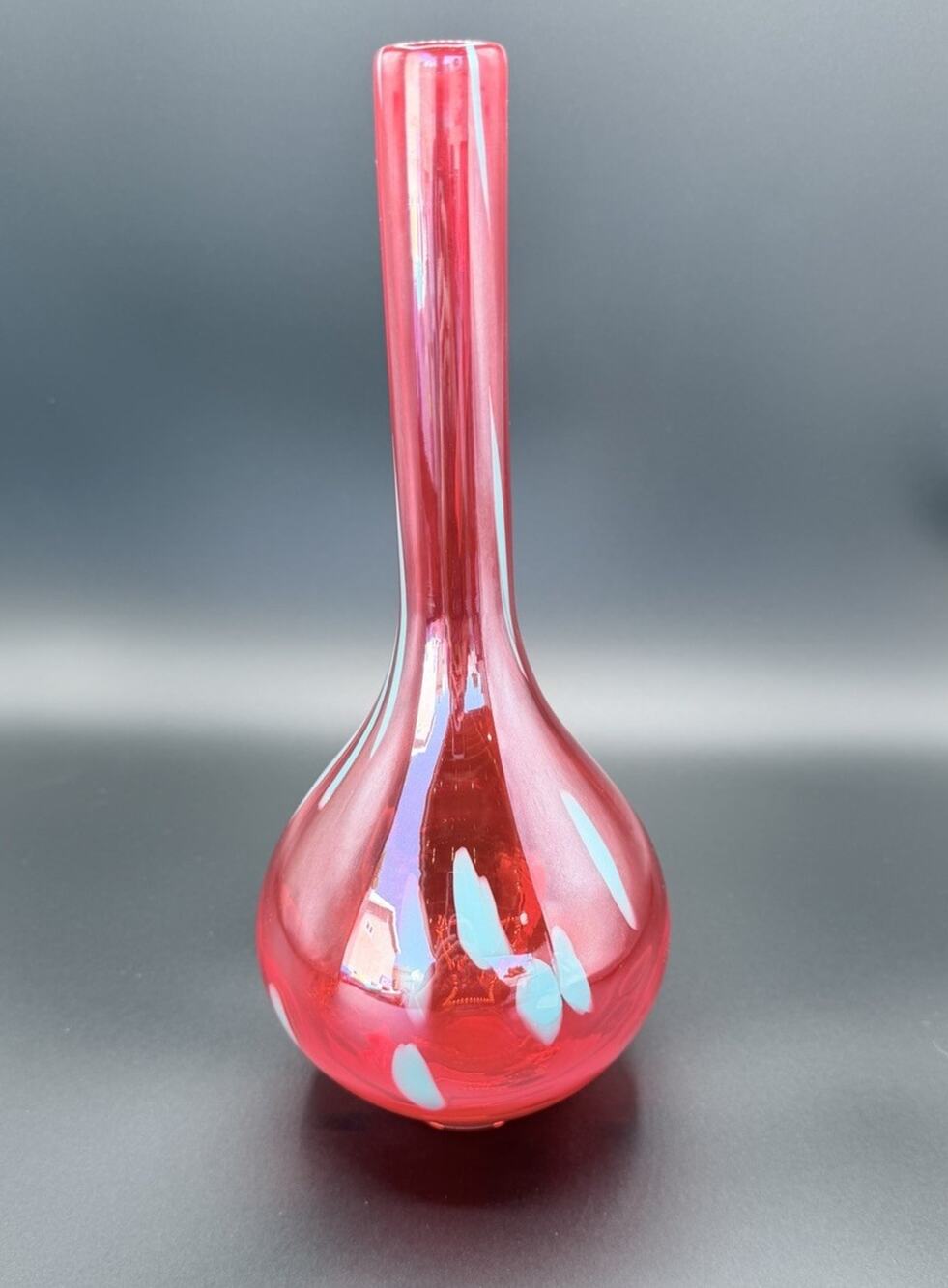 Vintage Red Swung Glass Bud Vase Applied Blue Dots MCM Art Glass 12”